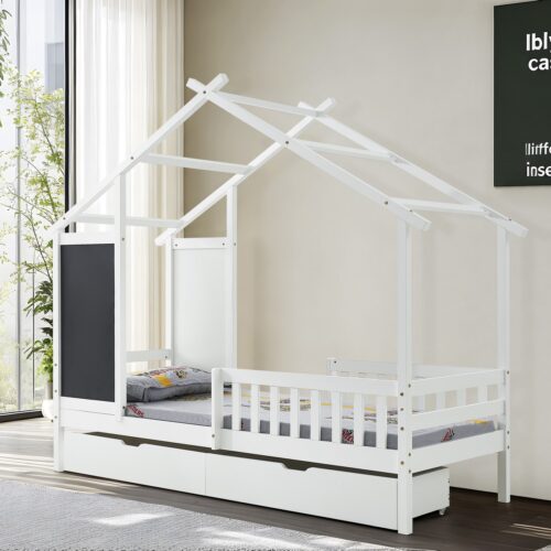 מיטת ילדים לבנה בצורת בית, עם מיטת חבר נפתחת, צבע לבן