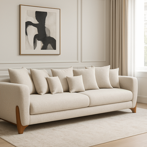 ספה דגם בל, בד בז', רגל עץ אגוז שקועה, עיצוב וינטג'