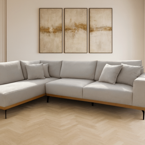 ספה דגם מונדו, בד אפור בהיר, צוקל עץ, רגליות מתכת שחורות