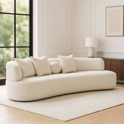 ספה דגם גראנדה, צורה מעוגלת, עם כריות, צבע שמנת