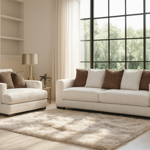 ספה+כורסא דגם סובראן, צבע בז, כריות משולבות בז וחום.