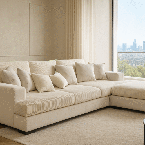 ספה דגם קיוטו, בד פסים צבע שמנת, רגליות שחורות נמוכות