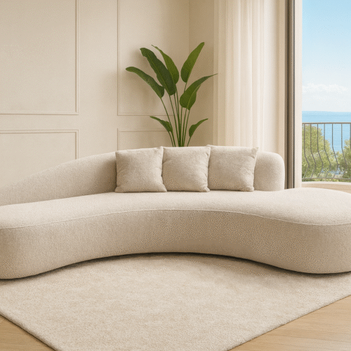 ספה דגם שאטו, צורה מעוגלת, בד בוקלה שמנת