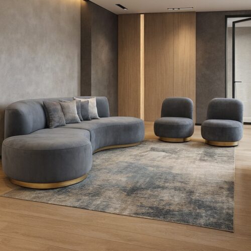 ספה דגם קראון, בד קטיפה כחול, צוקל זהב