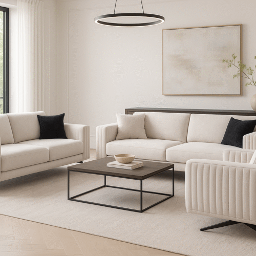 מערכת ישיבה דגם דרים, דוגמאת פסים, צבע שמנת, משולבת עם כריות שחורות