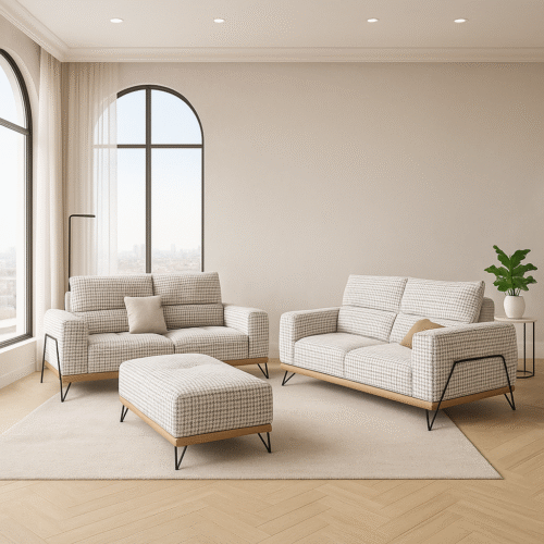 מערכת סלון דגם ניאו, שני ספות+הדום, משבצות, מסגרת עץ, רגל מתכת שחורה