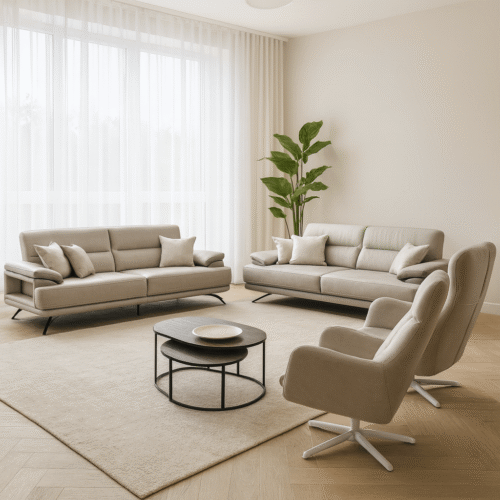 ספה+כורסאות דגם פיאנו, דמוי עור צבע בז