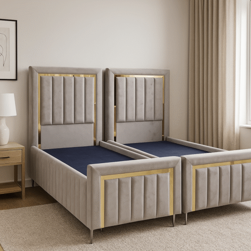 מיטה יהודית דגם מיסטי, גב וחלק קדמי דוגמאת פסים, צבע אפור עם מסגרת זהב