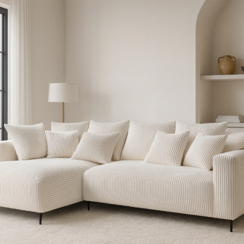 ספה דגם אינפיניטי, עם שזלונג, בד קורדורוי צבע שמנת, רגליות שחורות.