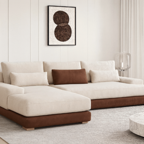 ספה עם שזלונג דגם דוכסית, משולבת 2 צבעים, רגליות עץ.