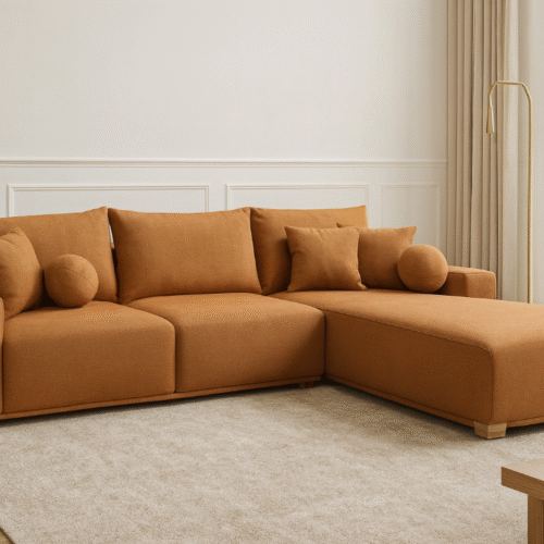 ספה דגם דזרט, עם שזלונג, צבע כתום-חמרה, רגל עץ נמוכה