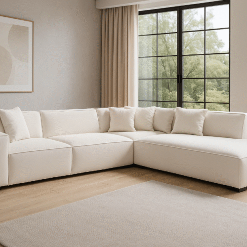 סלון דגם וולקנו, ספה עם שזלונג בצבע לבן/ שמנת