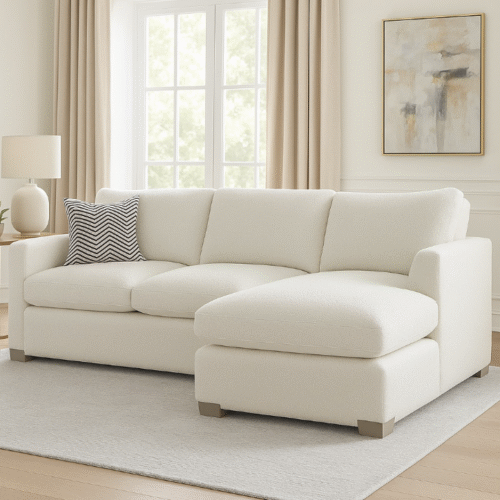 ספה דגם ויולטה, עם שזלונג, מרופדת בבד בצבע לבן