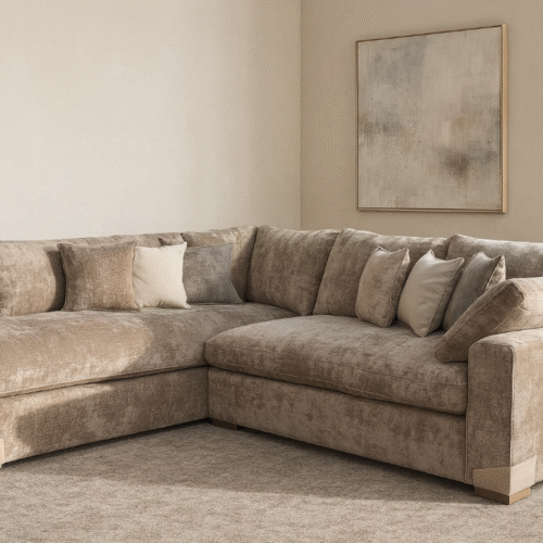 ספה דגם טוקיו, עם שזלונג, ריפוד חום קטיפה, כריות תואמות