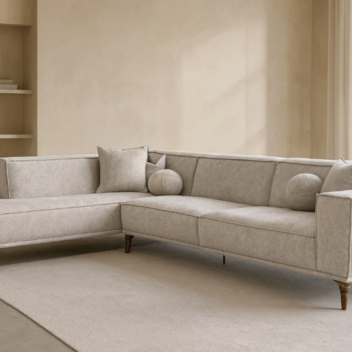 סלון דגם לאונרדו עם שזלונג, צבע שמנת, רגל עץ עתיקה