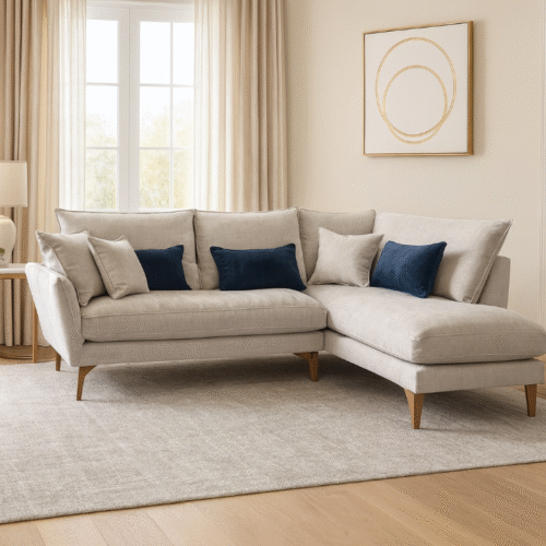 סלון עם שזלונג דגם קובו, צבע קרם, רגלי עץ