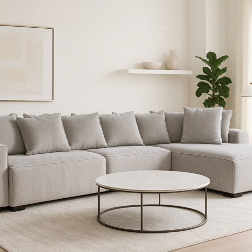 סלון דגם רויאלטי עם שזלונג, כריות תואמות, צבע אפור בהיר