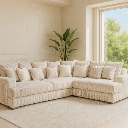 ספה דגם בלאנסיה, עם שזלונג, בד קורדורוי בצבע שמנת, כריות תואמות