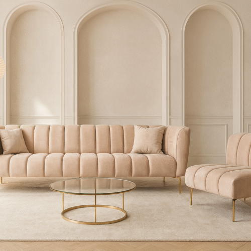 ספה דגם פיקסו, בד קטיפה עם פסים לאורך בצבע ורוד עתיק, רגל זהב דקיקה